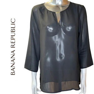 🛍️3/$40 Banana Republic Black  Sheer Long Sleeve 3/4 Sleeve Gold Metal Sz Small